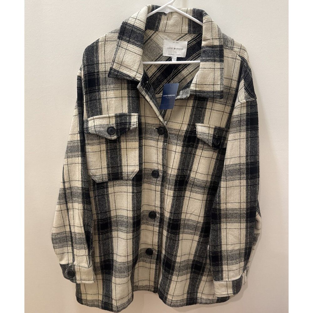 Lucky Brand Women's Beige & Black Buffalo Plaid Oversized Shirt Jacket Size XL